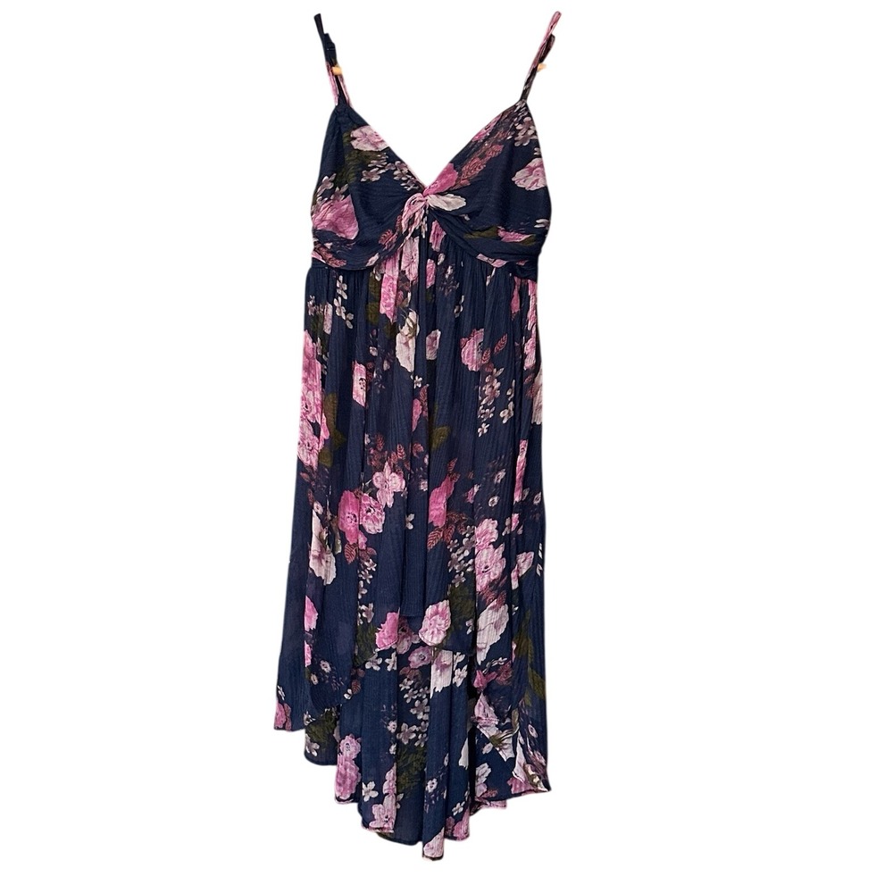 Free People Floral High Low Dress Navy Pink Smocked Back Adj Straps Sz S Boho